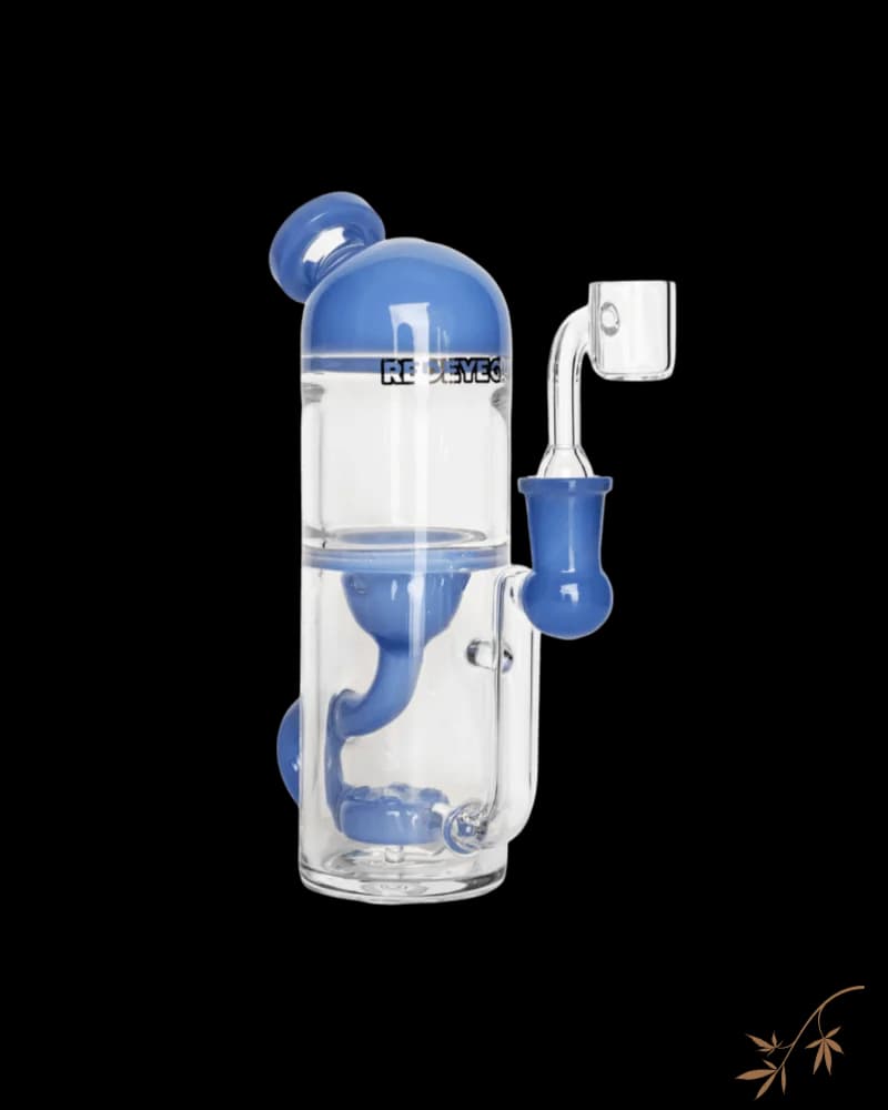 Red Eye Tek Alpha Concentrate Incycler with 5-hole disc percolator, 7 inches tall, periwinkle blue and clear glass water pipe with side arm