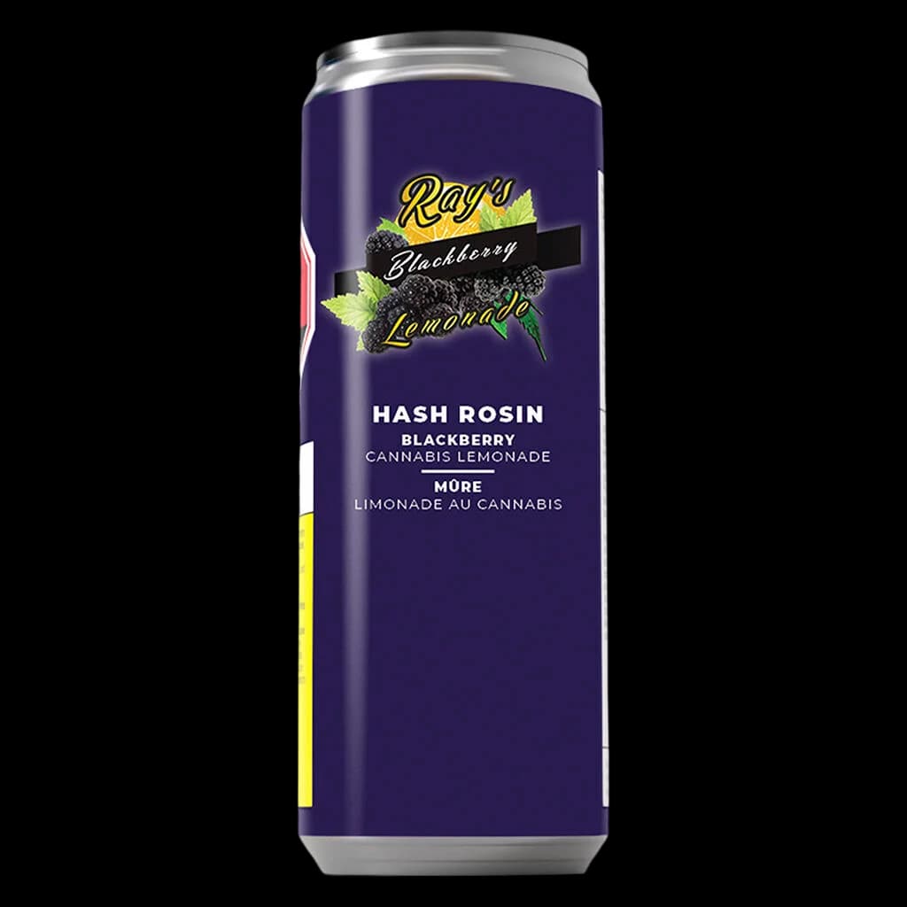 Ray's Blackberry Lemonade cannabis beverage in a purple aluminum can with blackberry and lemon imagery