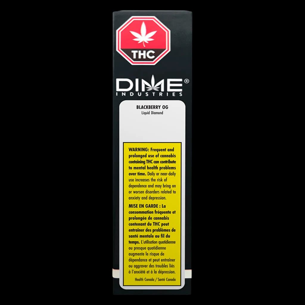 Dime Industries Blackberry OG Liquid Diamond disposable vape pen with THC warning symbol and Health Canada warning label on front packaging
