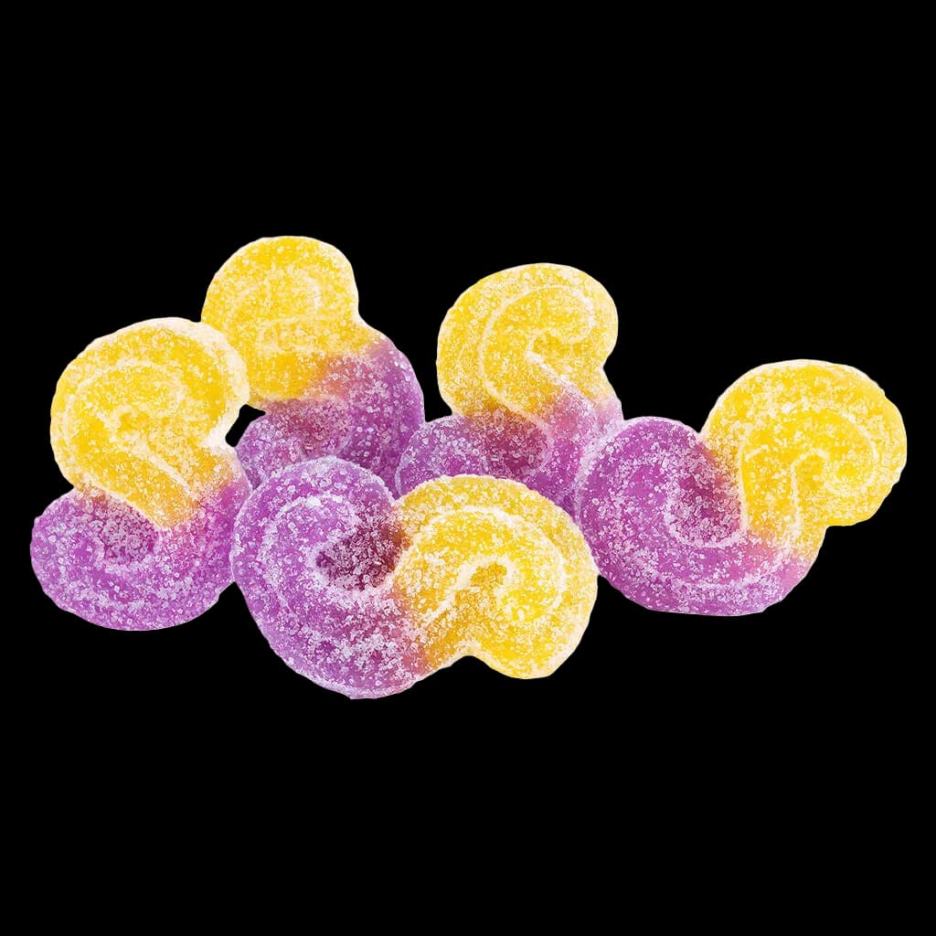 SOURZ by Spinach Peach Passionfruit 1:1:1 gummies, yellow and purple sour-coated soft chews