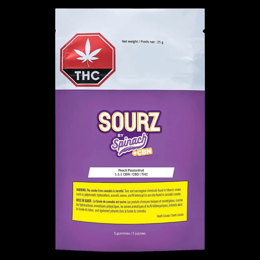 Sourz by Spinach Peach Passionfruit 1:1:1 CBN CBD THC gummies, 25g package with 5 gummies, purple packaging with red THC warning symbol