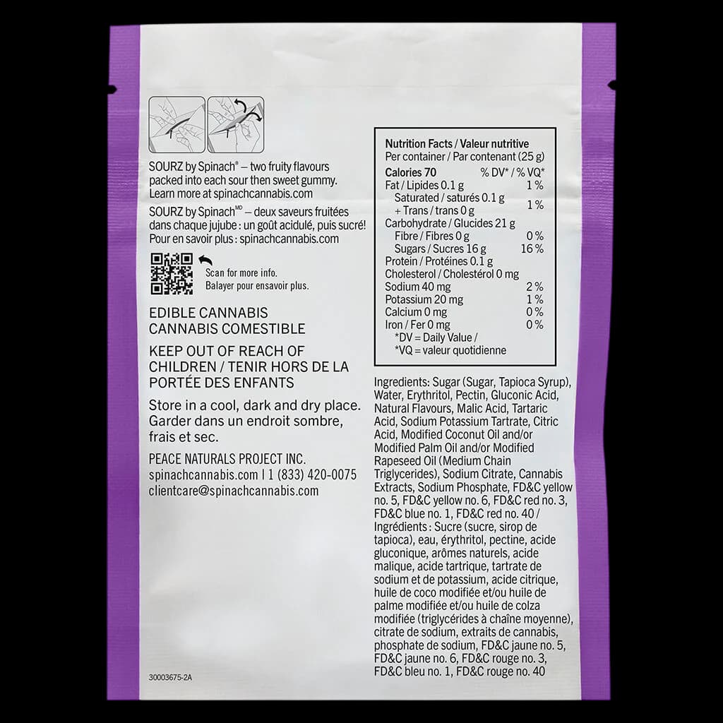 SOURZ by Spinach cannabis gummies package back label showing nutrition facts, ingredients, and bilingual product information for two fruity flavours.