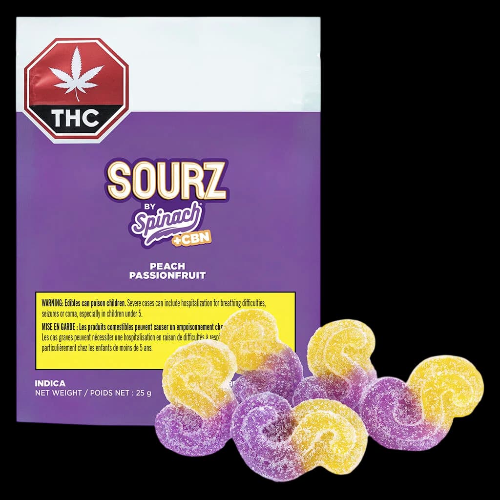 Sourz by Spinach Peach Passionfruit 25g cannabis gummies with yellow and purple sour-coated candies displayed beside purple packaging