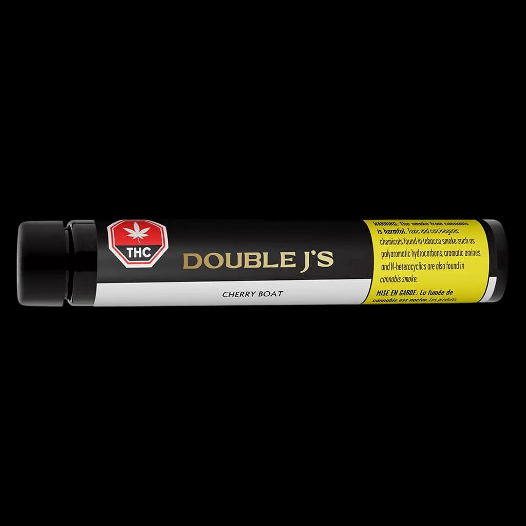 Pré-roulé Cherry Boat de Double J's avec emballage en tube noir, badge THC rouge et étiquette d'avertissement sanitaire jaune