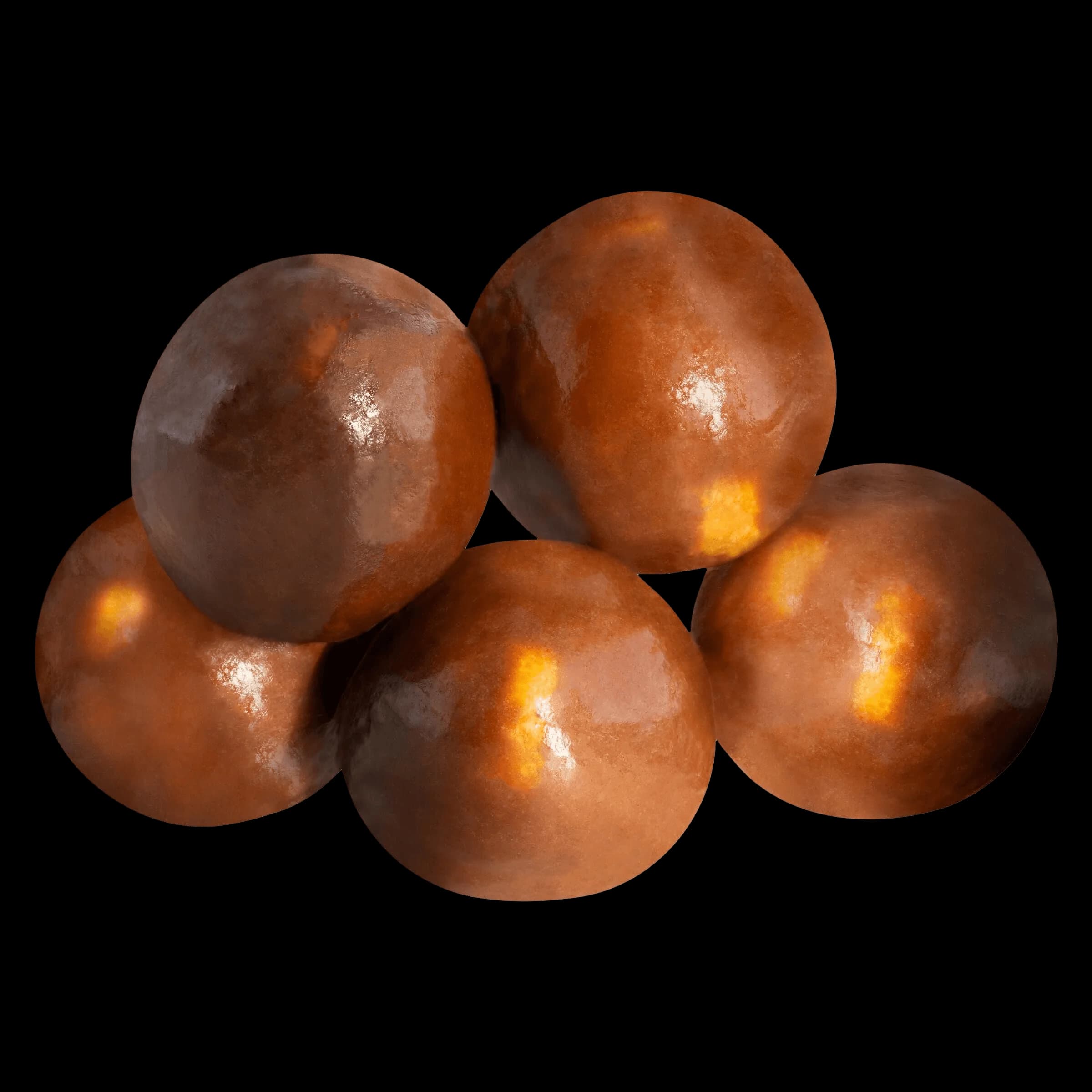 Comestibles de cannabis Lord Jones Chocolate Fusions Salted Caramel Crunch 1:1 THC CBD, cinq sphères brunes brillantes avec détail de tourbillon de caramel