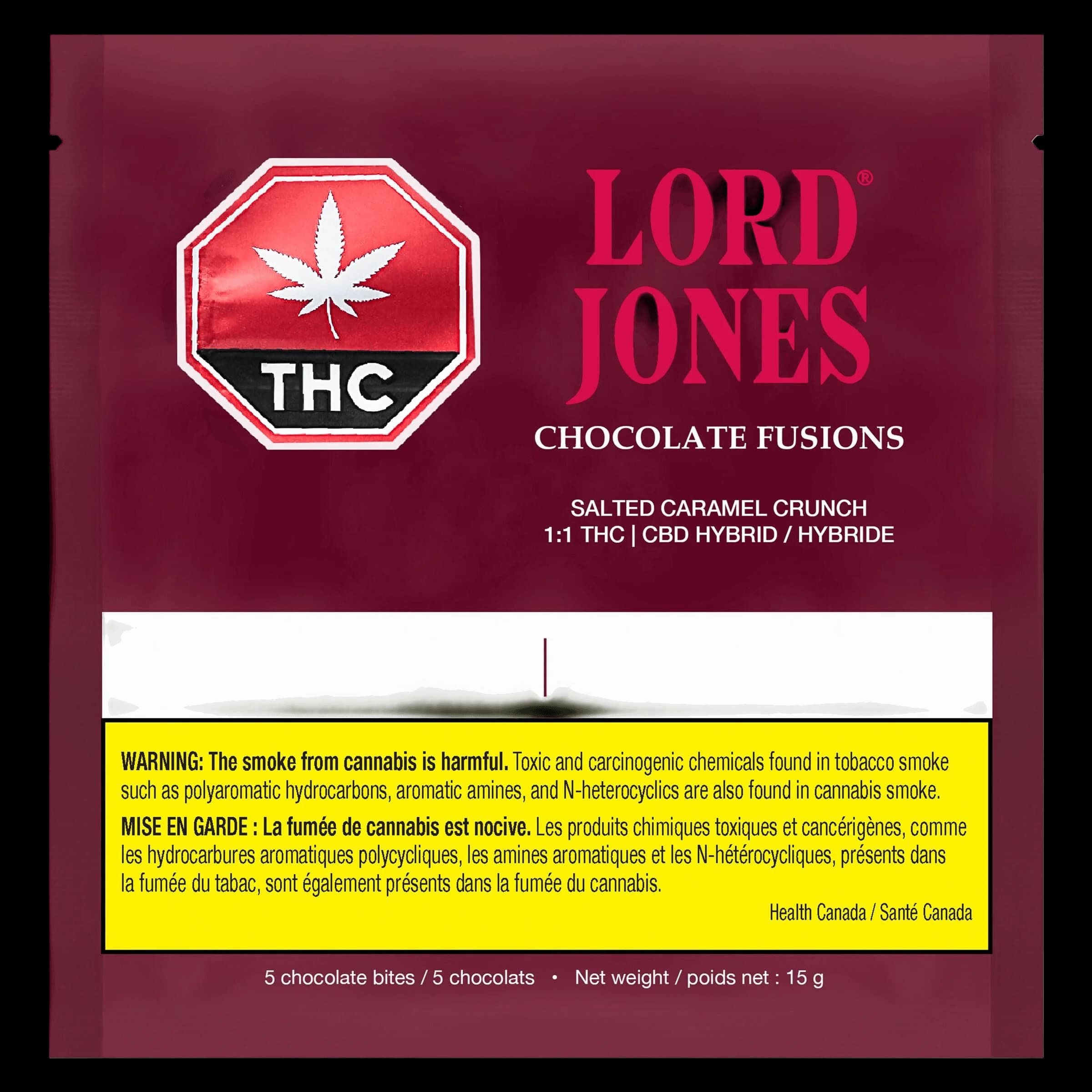 Emballage de 15 g de Chocolate Fusions Salted Caramel Crunch de Lord Jones, comestible hybride 1:1 THC CBD avec 5 bouchées de chocolat