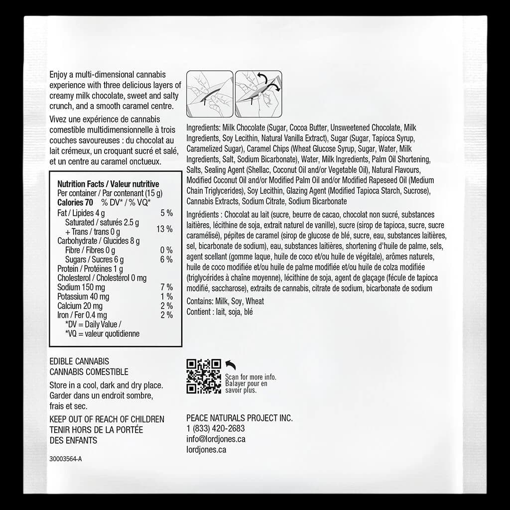 Étiquette arrière des Chocolate Fusions Salted Caramel Crunch 1:1 THC CBD de Lord Jones affichant les valeurs nutritives, les ingrédients et les mises en garde relatives aux comestibles au cannabis