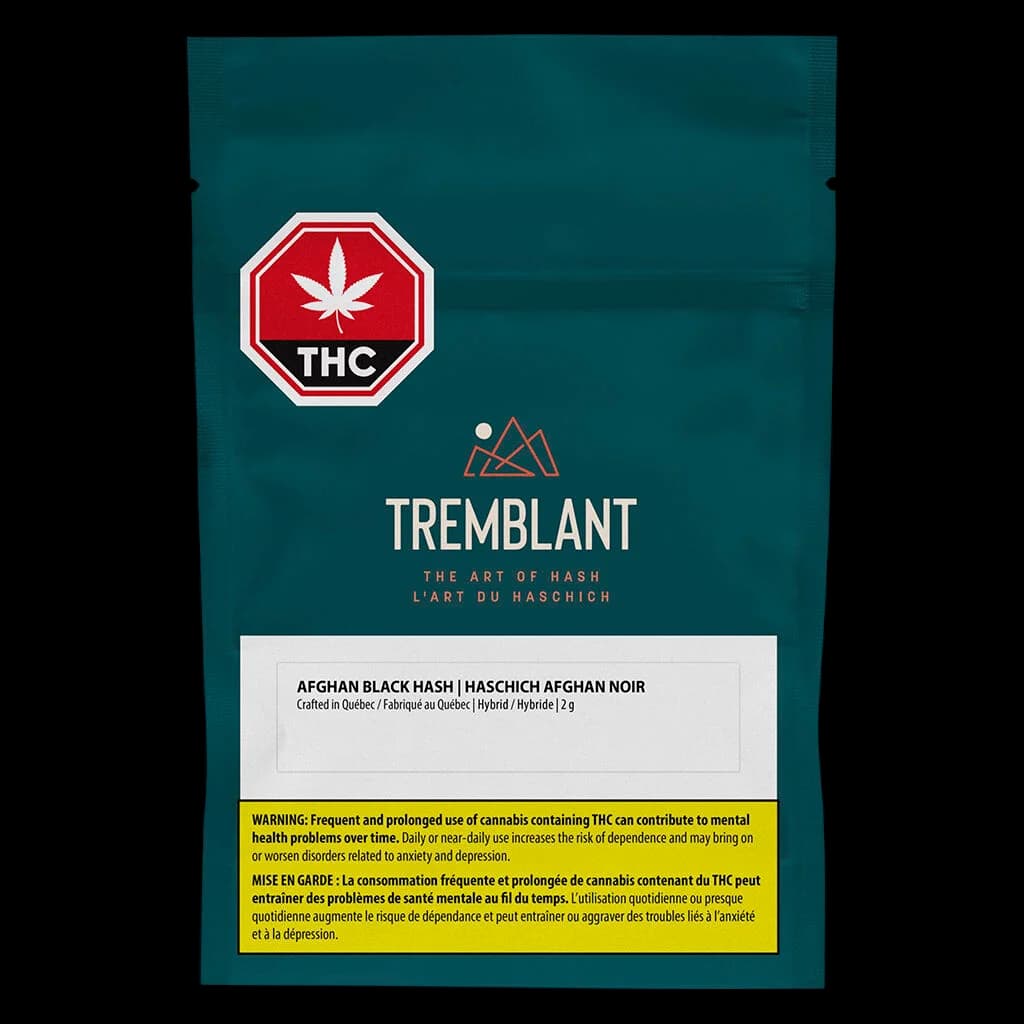 Tremblant Afghan Black Hash 2g package with teal background, red THC warning symbol, and yellow Health Canada warning label