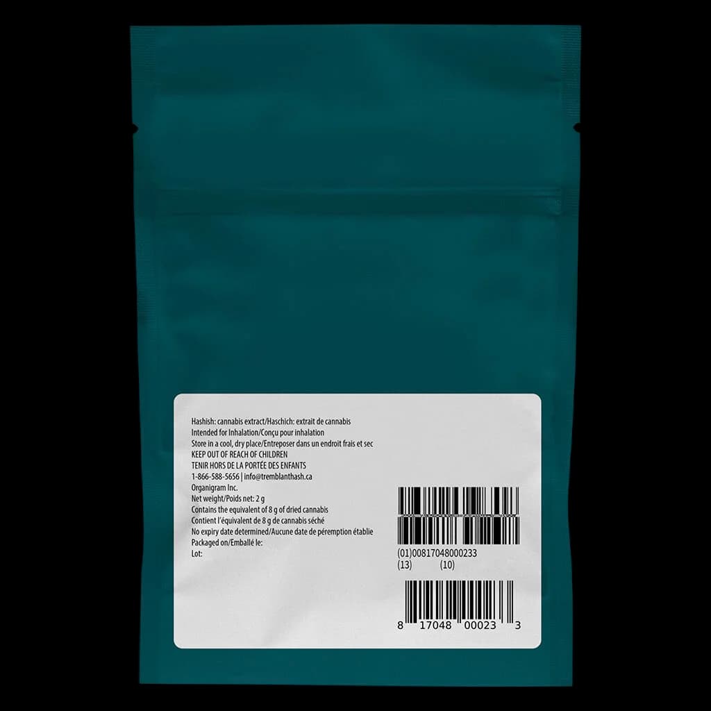 Tremblant Cannabis Afghan Black Hash 2g package rear label showing cannabis extract product details and regulatory information