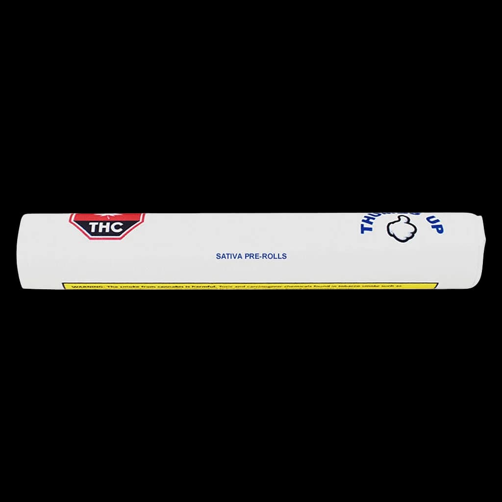 Thumbs Up Sativa pre-rolls package with THC warning symbol and Health Canada warning label