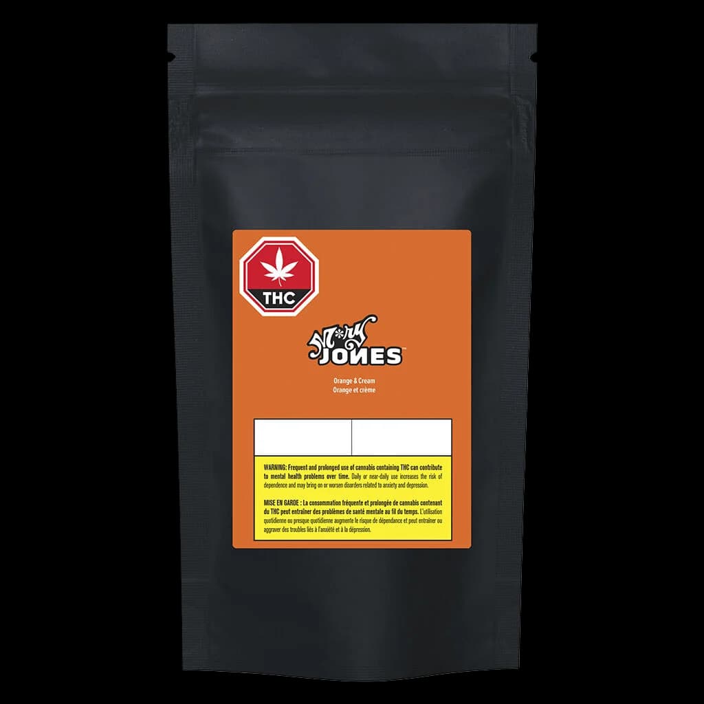 M*ry Jones Orange & Cream cannabis soft chews package with THC warning symbol on black pouch