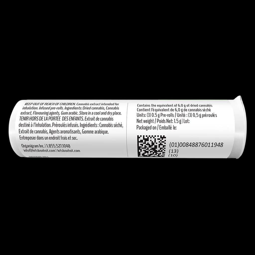 Étiquette arrière de l'emballage du pré-roulé infusé Diamond Doobies Deluxe Pineapple Purps montrant les ingrédients d'extrait de cannabis, le dosage de 0,5 g par unité, le format 3-pack et le code-barres QR