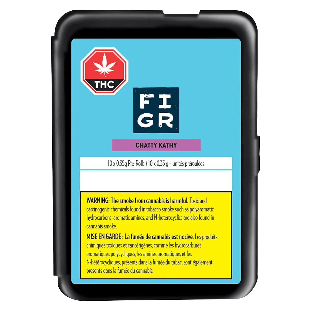 Paquet de pré-roulés FIGR Chatty Kathy, 10 x 0,35 g, avec symbole d'avertissement THC rouge et mise en garde de Santé Canada sur un emballage bleu pâle