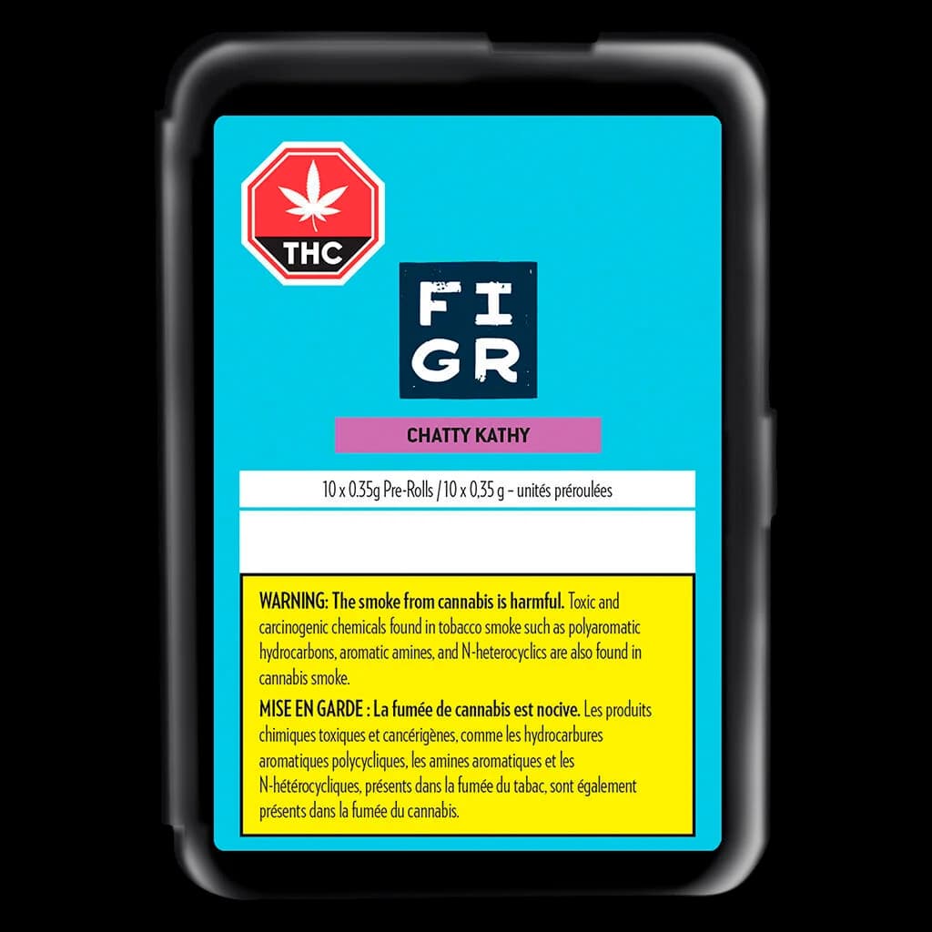 FIGR Chatty Kathy pre-roll pack, 10 x 0.35g, with THC warning symbol and Health Canada warning label on bright turquoise packaging