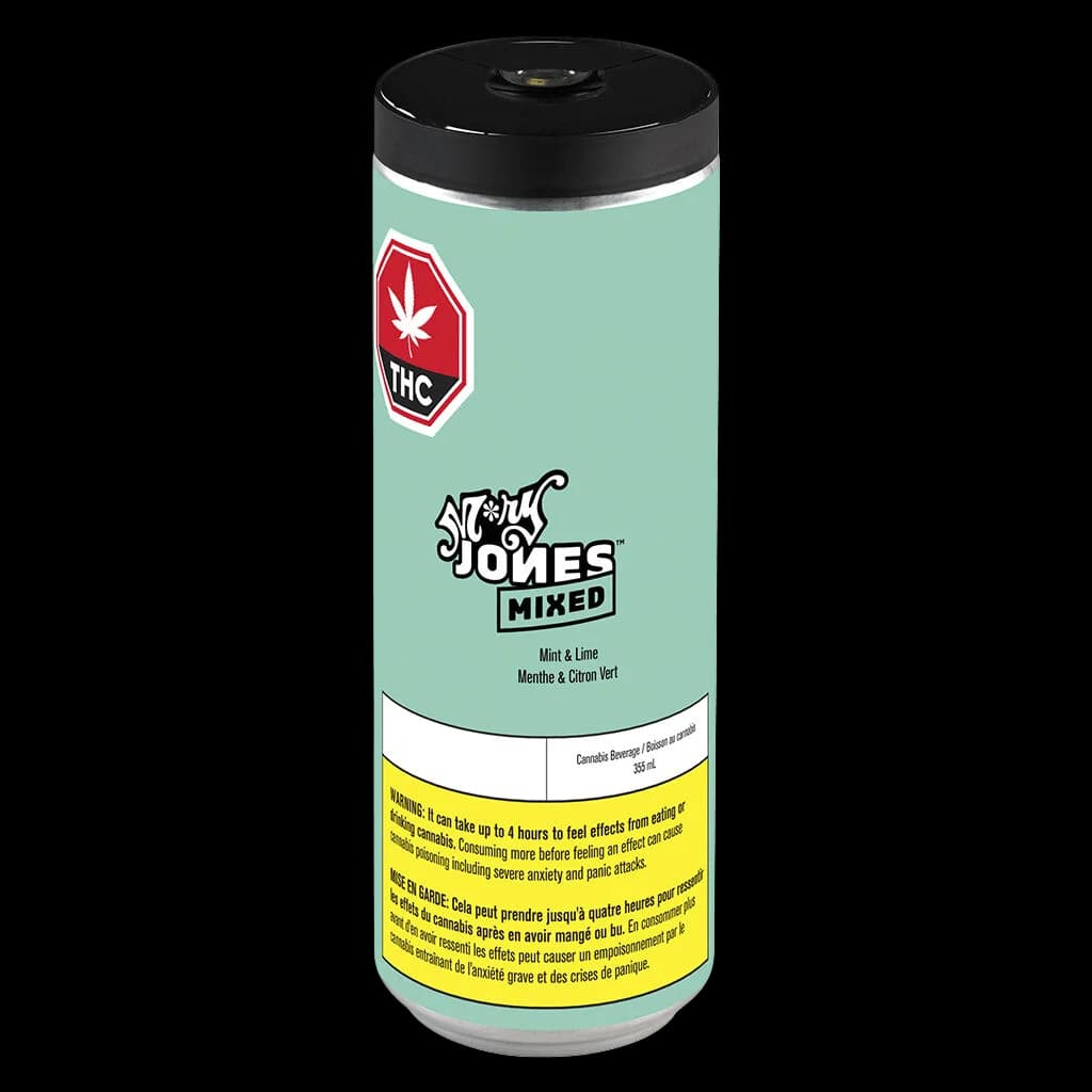 Boisson au cannabis Stony Jones Mixed saveur menthe et lime, canette de 355 mL avec étiquette vert menthe et bouchon noir