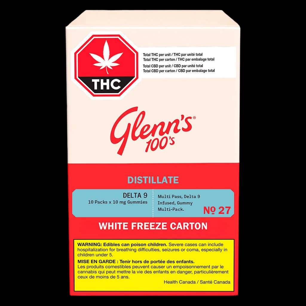 Glenn's 100's Delta 9 distillate gummies, 10 packs x 16 mg, White Freeze flavour carton with Health Canada THC warning label
