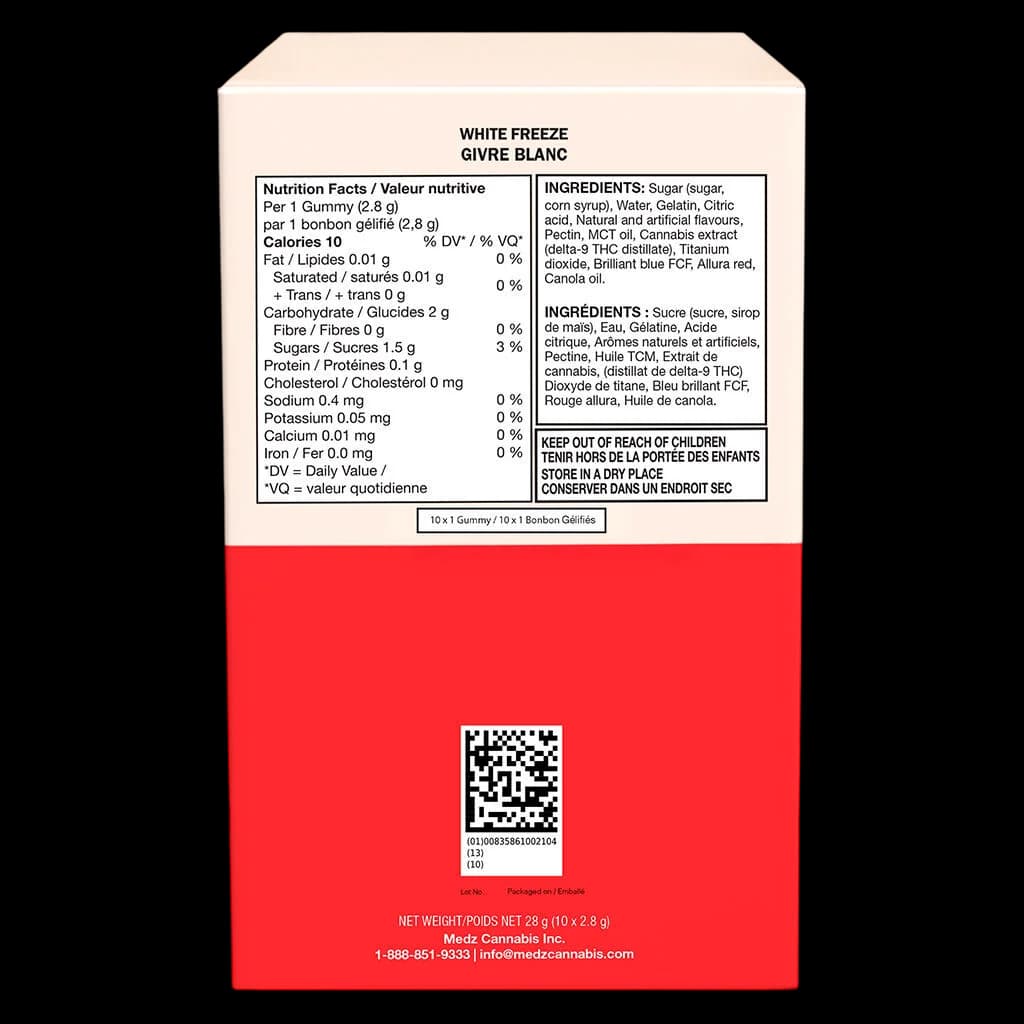 White Freeze cannabis gummies 10-pack by Medz Cannabis Inc., 28g total, nutrition and ingredients label visible on cream packaging with red warning panel