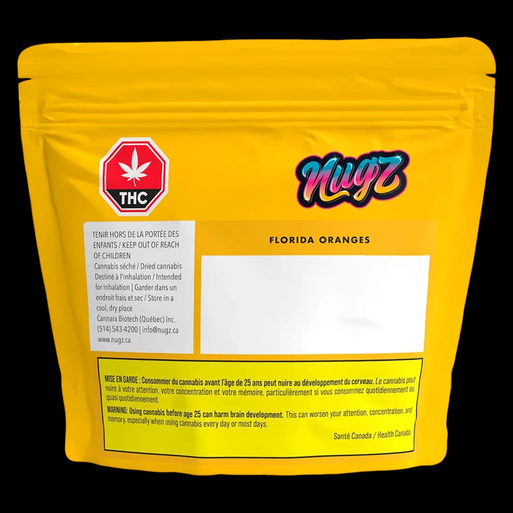 Fleur de cannabis séché Nugz Florida Oranges en sachet jaune avec symbole THC et étiquettes d'avertissement réglementaires