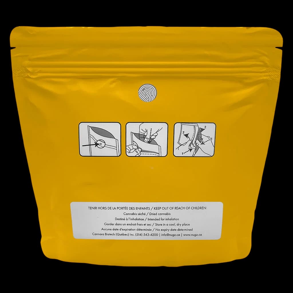Fleur de cannabis séchée Florida Oranges de Nugz dans une pochette jaune refermable avec fermeture sécurisée pour enfants et instructions d'utilisation
