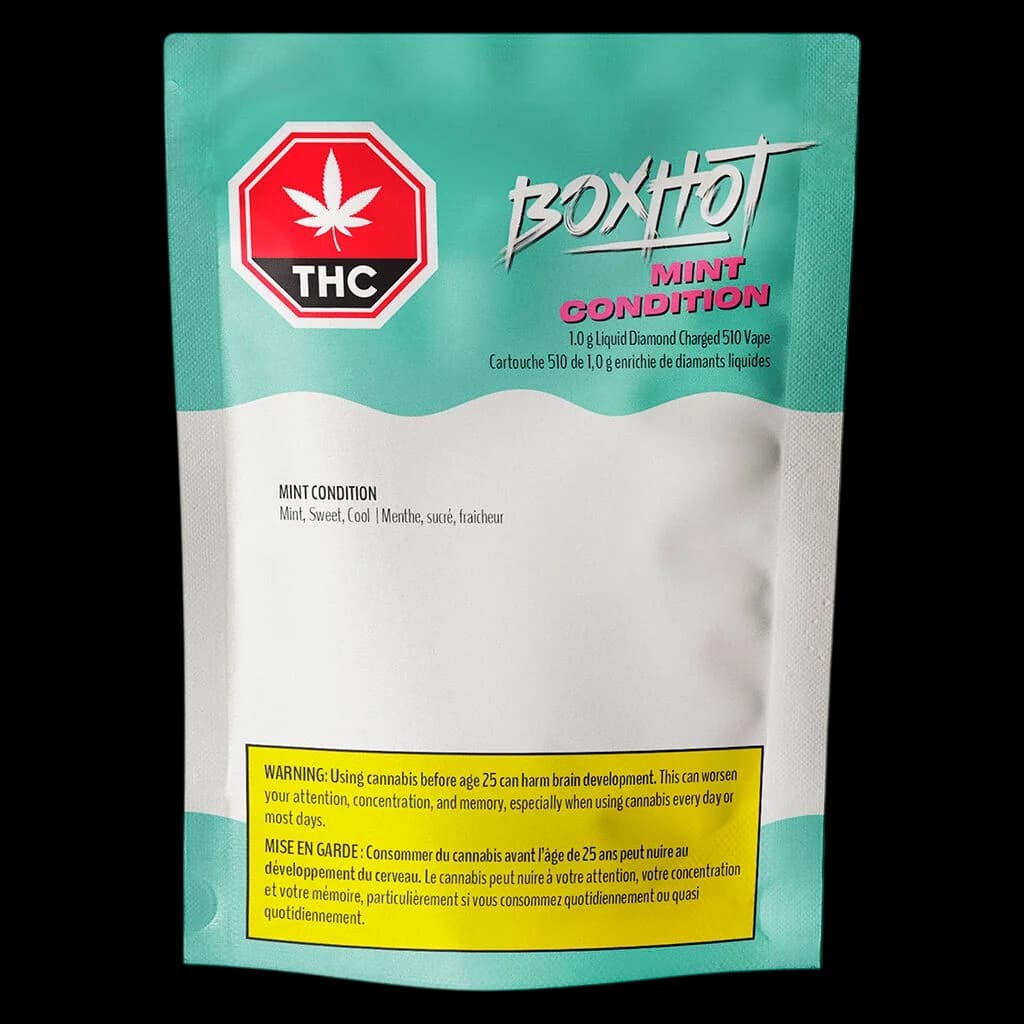 Boxhot Mint Condition 1.0g Liquid Diamond Charged 510 vape cartridge package with turquoise and white pouch design and THC warning label