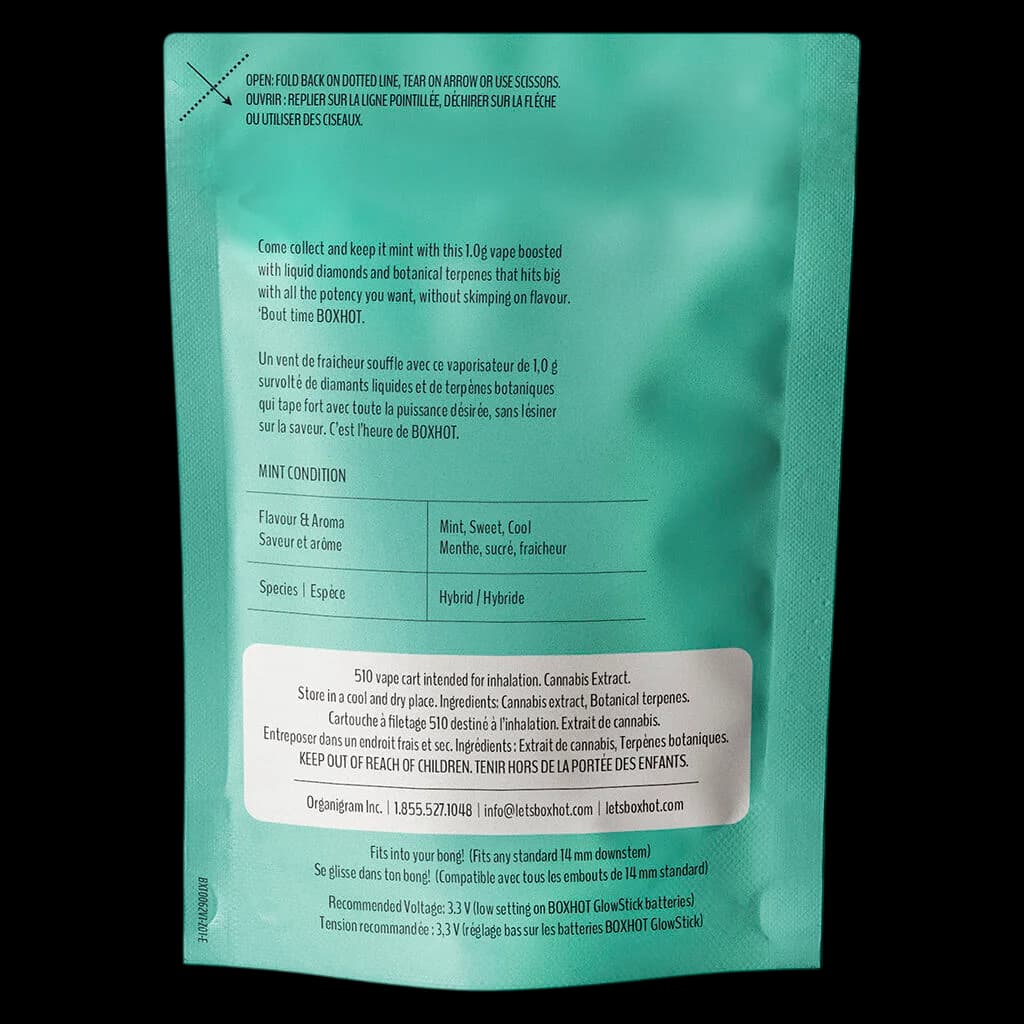 BOXHOT Mint Condition 510 vape cartridge with liquid diamonds and botanical terpenes, 1.0g cannabis extract