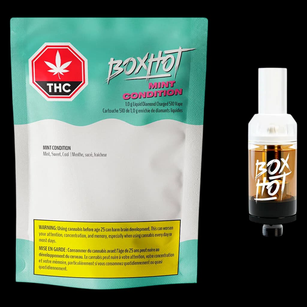 BOXHOT Mint Condition 1g Liquid Diamond 510 vape cartridge with turquoise pouch packaging and amber oil-filled tank