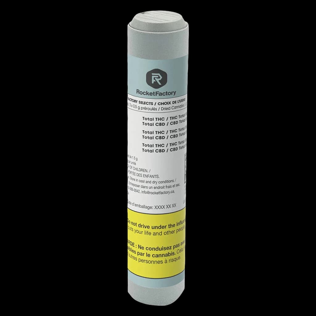 Emballage de pré-roulés Rocket Factory Factory Selects en bleu pâle et gris, avec étiquette d'avertissement jaune de Santé Canada et capuchon gris