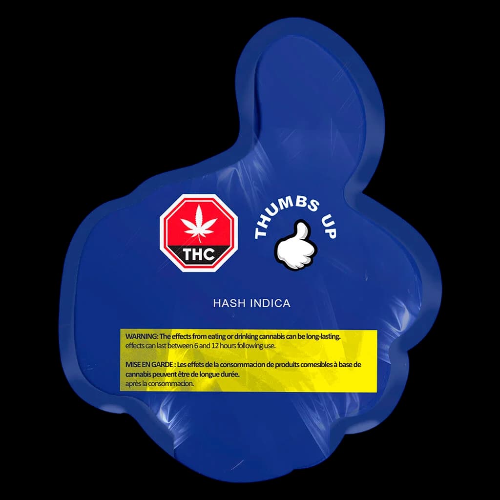 Thumbs Up Hash Indica cannabis concentrate in blue thumb-shaped container with THC warning label