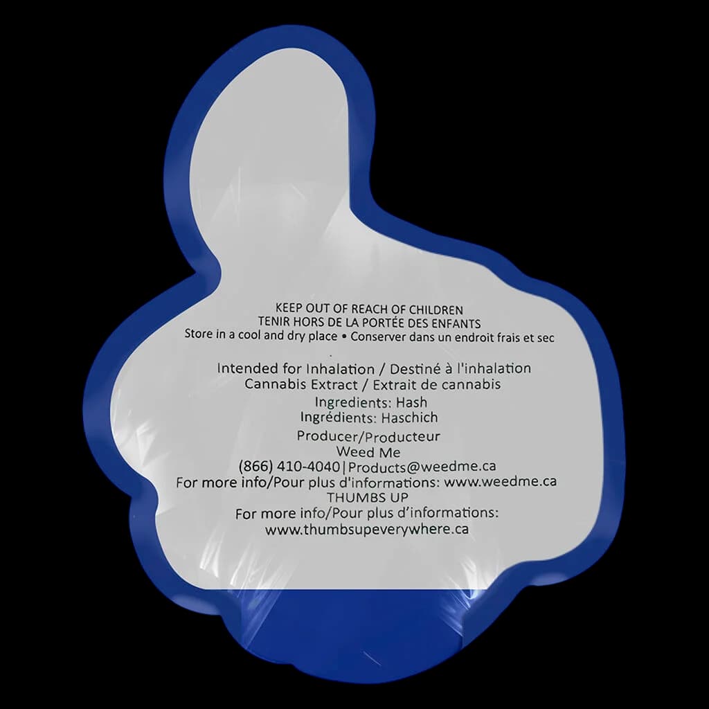 Thumbs Up hash cannabis extract, hash ingredient, intended for inhalation, blue thumbs-up shaped packaging with bilingual product information