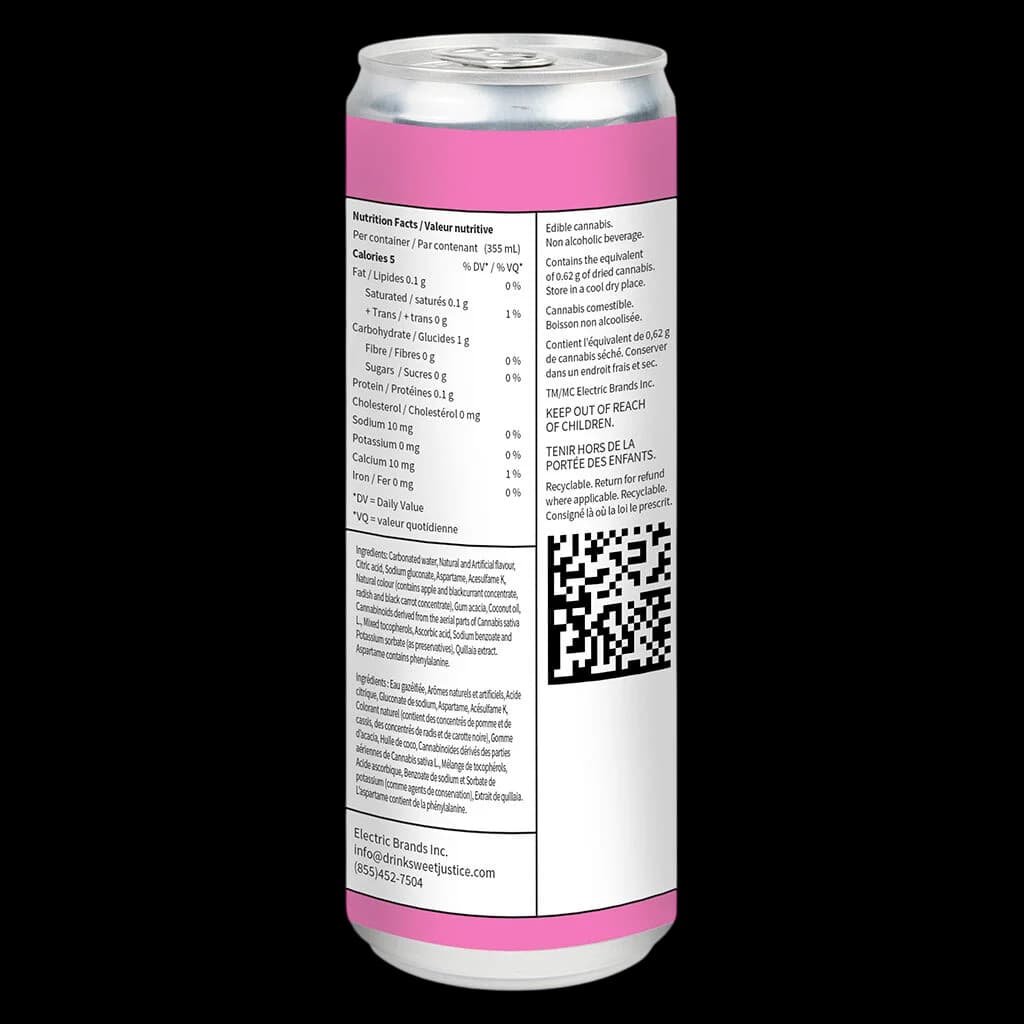 Sweet Justice Black Cherry Cream Soda cannabis beverage, 355ml can with pink label showing nutrition facts and QR code