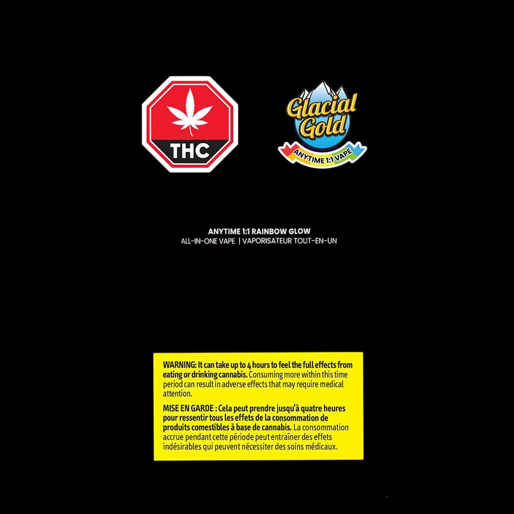 Glacial Gold Anytime 1:1 cannabis vape pen with red THC warning symbol and yellow Health Canada edible warning label