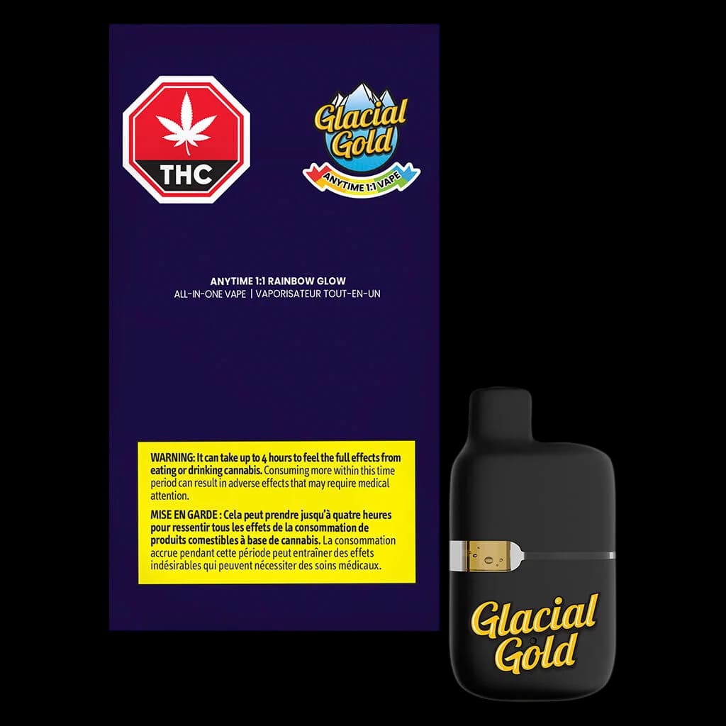 Glacial Gold Anytime 1:1 Rainbow Glow disposable vape pen with black exterior and gold branding, shown beside packaging