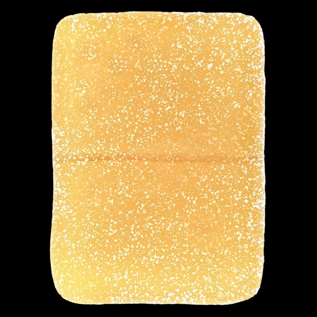 Gommes à la pêche aux vrais fruits Wyld, comestibles hybrides au cannabis de type « soft chews », de couleur jaune dorée avec un enrobage de sucre