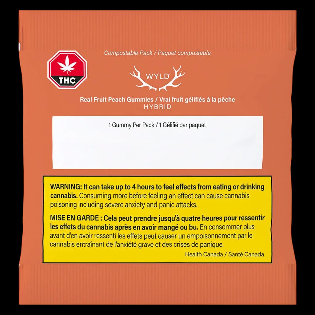 Gommes à la pêche aux vrais fruits Wyld hybride comestible au cannabis, 1 gomme par emballage, emballage compostable orange avec étiquette d'avertissement THC