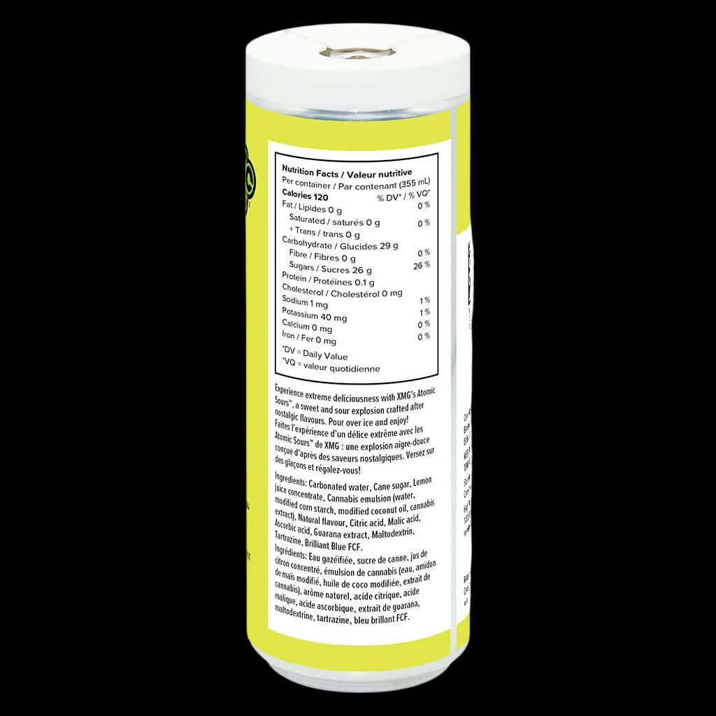 XMG Atomic Sours Sweet Pucker cannabis beverage 255ml can with nutrition facts and ingredients label visible