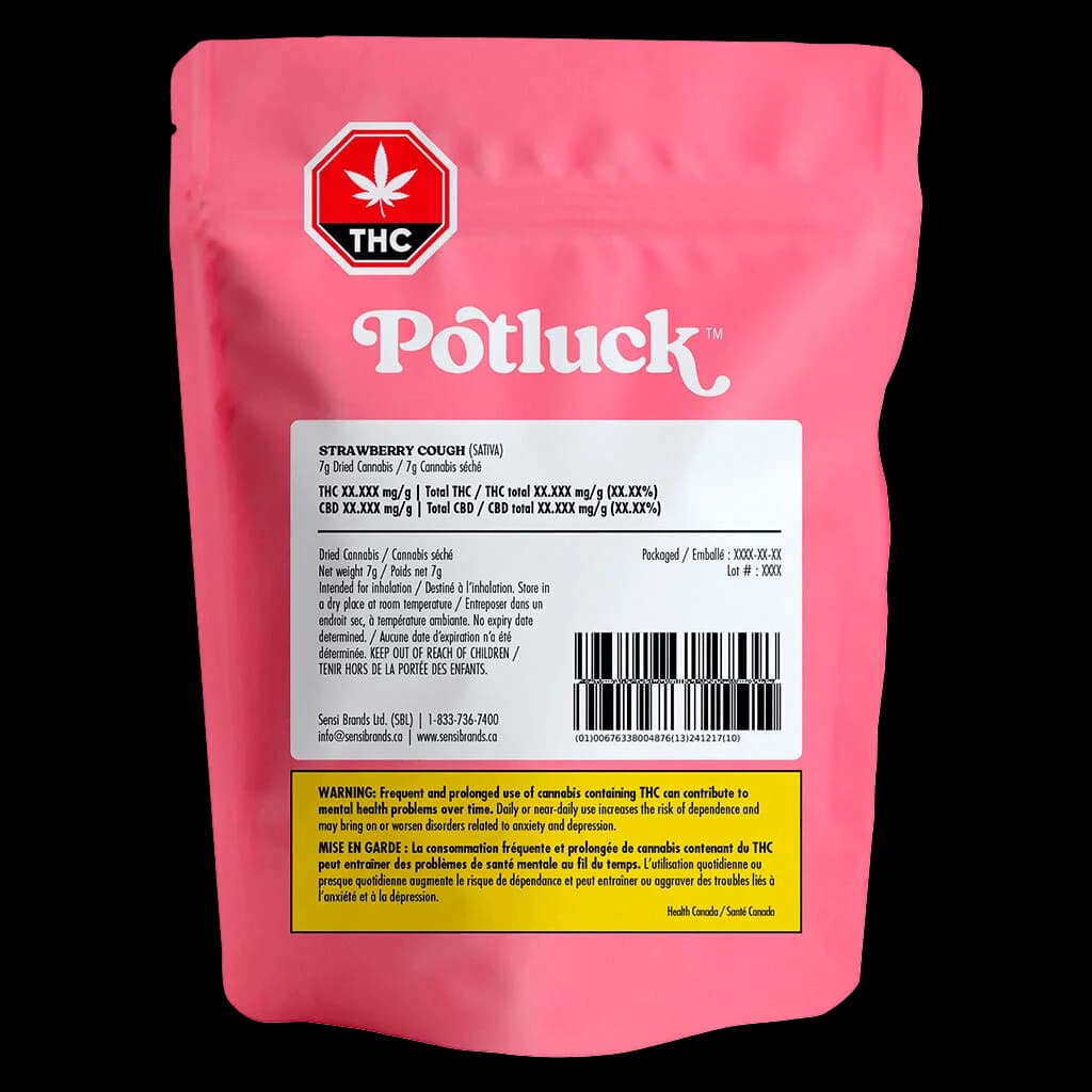 Potluck Strawberry Cough 7g dried cannabis flower in pink pouch with THC warning symbol and Health Canada label