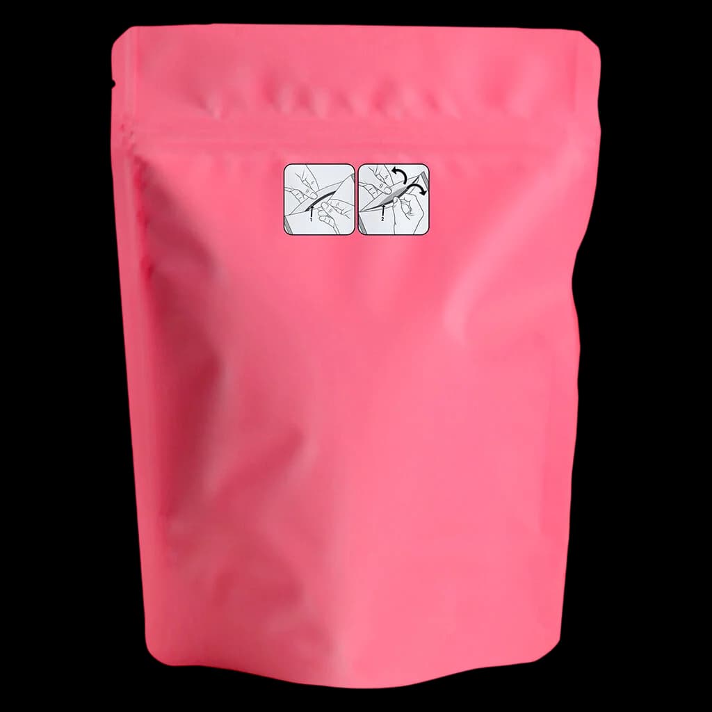 Potluck Strawberry Cough cannabis dried flower in bright pink resealable pouch with two instruction icons