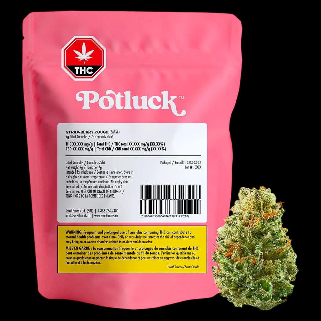 Potluck Strawberry Cough 7g dried cannabis flower in pink pouch with THC warning symbol, regulatory label, and loose buds displayed beside packaging