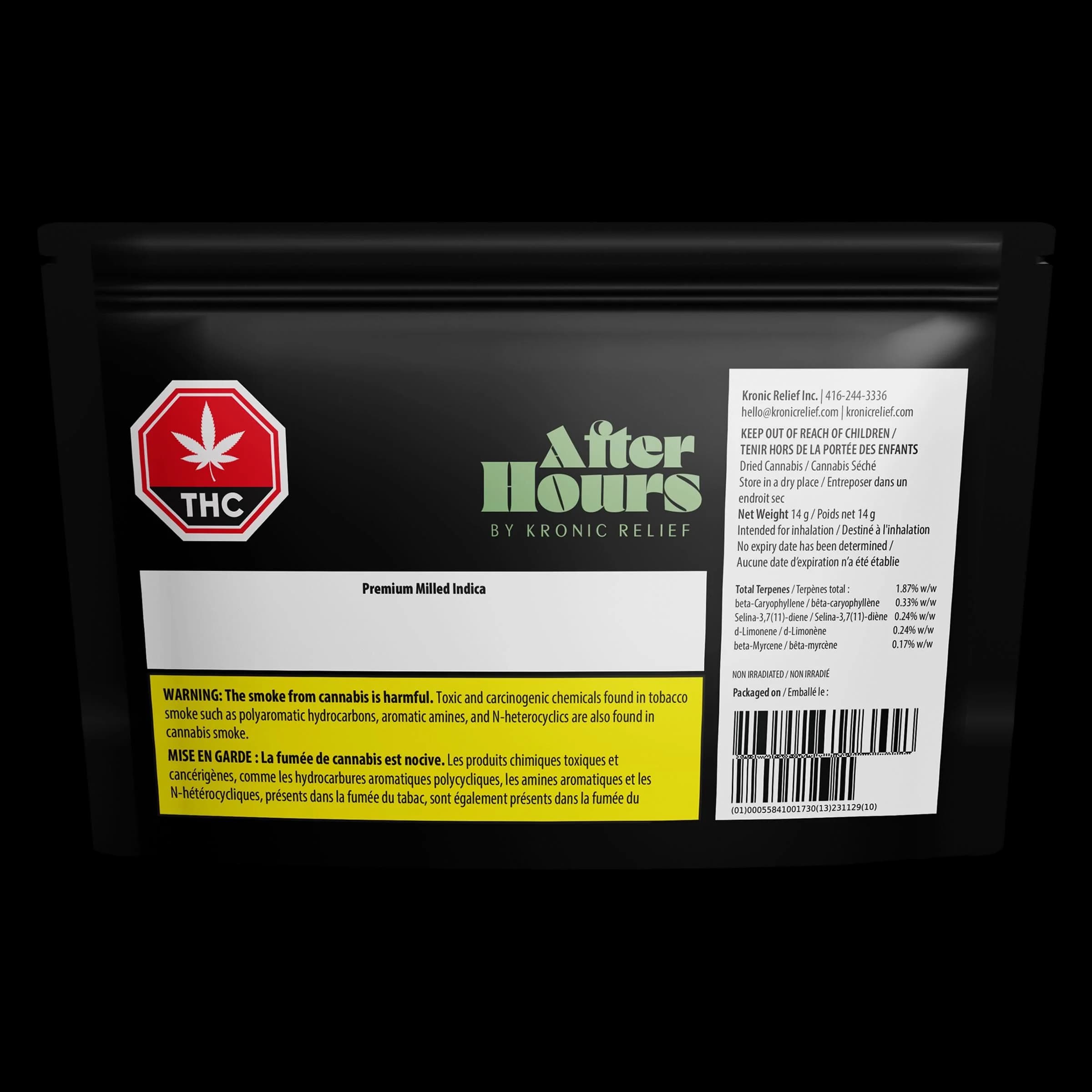 After Hours Premium Milled Indica 14g black pouch with red THC logo and Kronic Relief branding