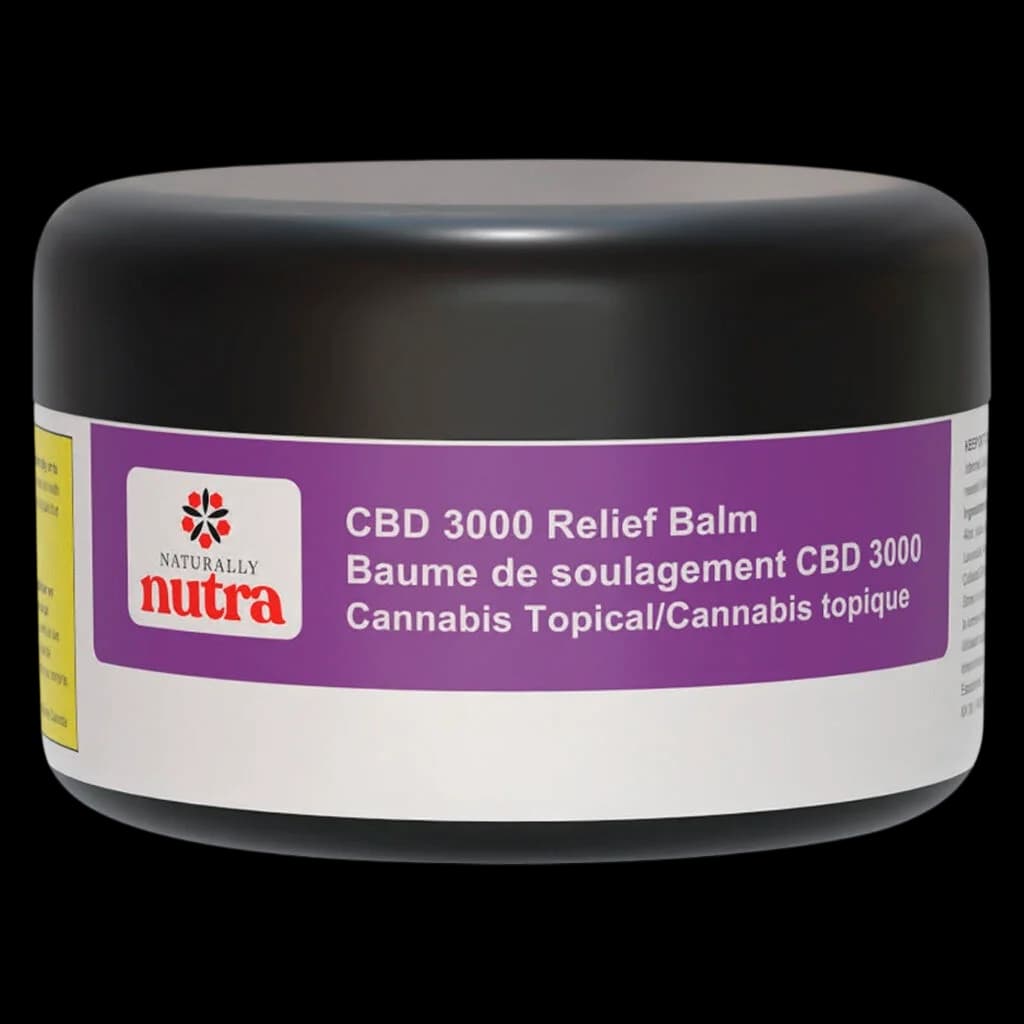 Naturally Nutra CBD 3000 Relief Balm in a black-capped jar with purple and white label, cannabis topical