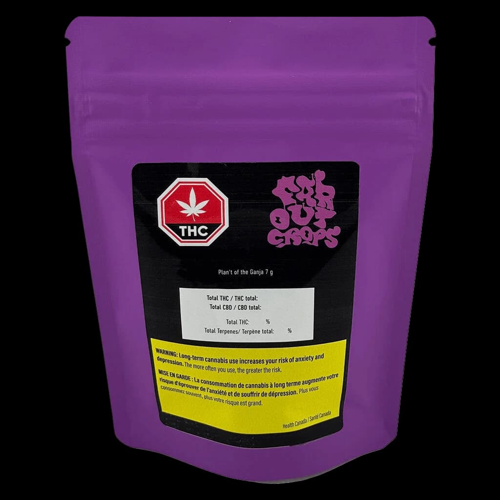 Pochette de 7 g de fleurs séchées de cannabis Plan't of the Ganja par Far Out Crops avec emballage mauve et étiquette noire