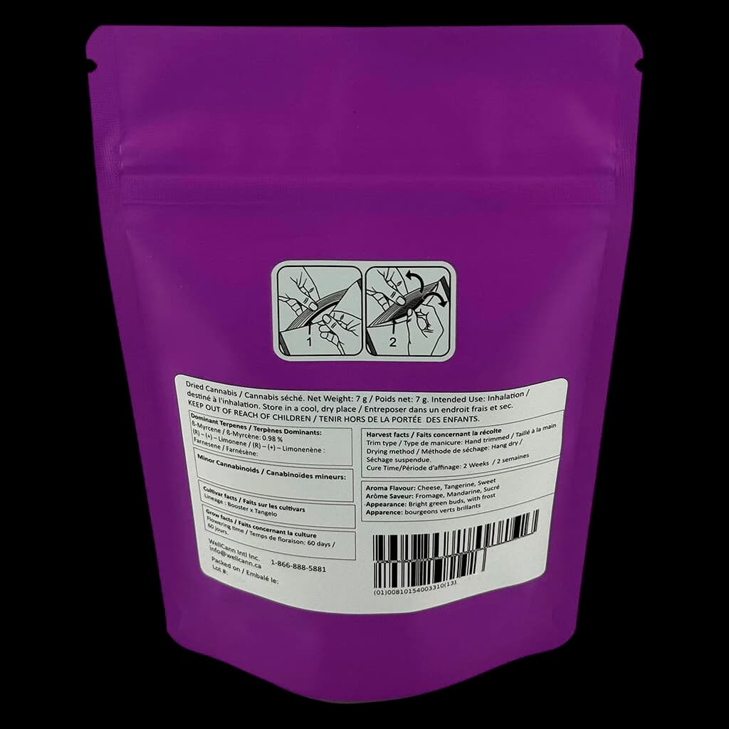 Fleur de cannabis séchée Plan't of the Ganja de Far Out Crops, 7 g, en pochette violette avec étiquette bilingue et informations réglementaires