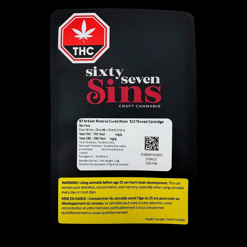 Sixty Seven Sins 67 Artisan Reserve Cured Resin 510 Thread Cartridge, 1.0g cannabis vape cartridge with product label and Health Canada warning
