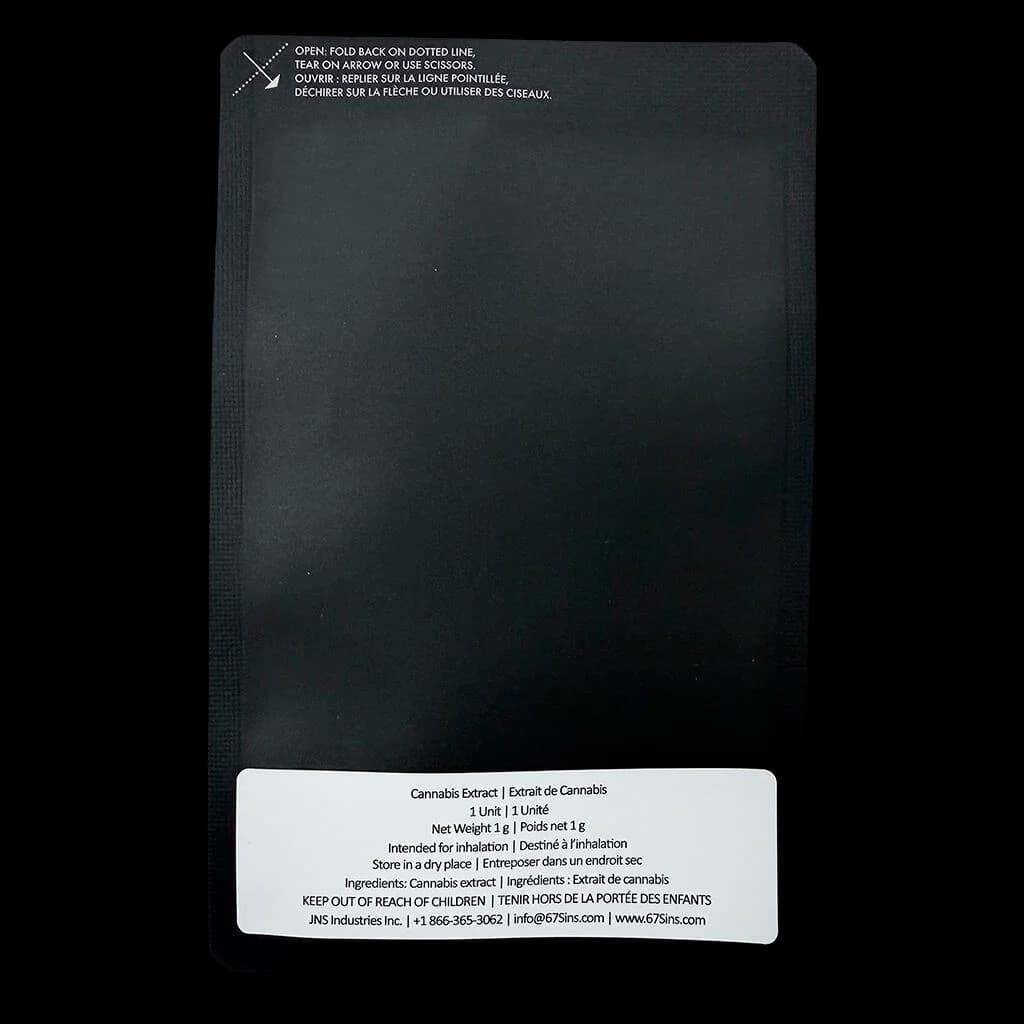 67 Artisan Reserve cannabis extract 1g cartridge, rear packaging with bilingual instructions and regulatory information