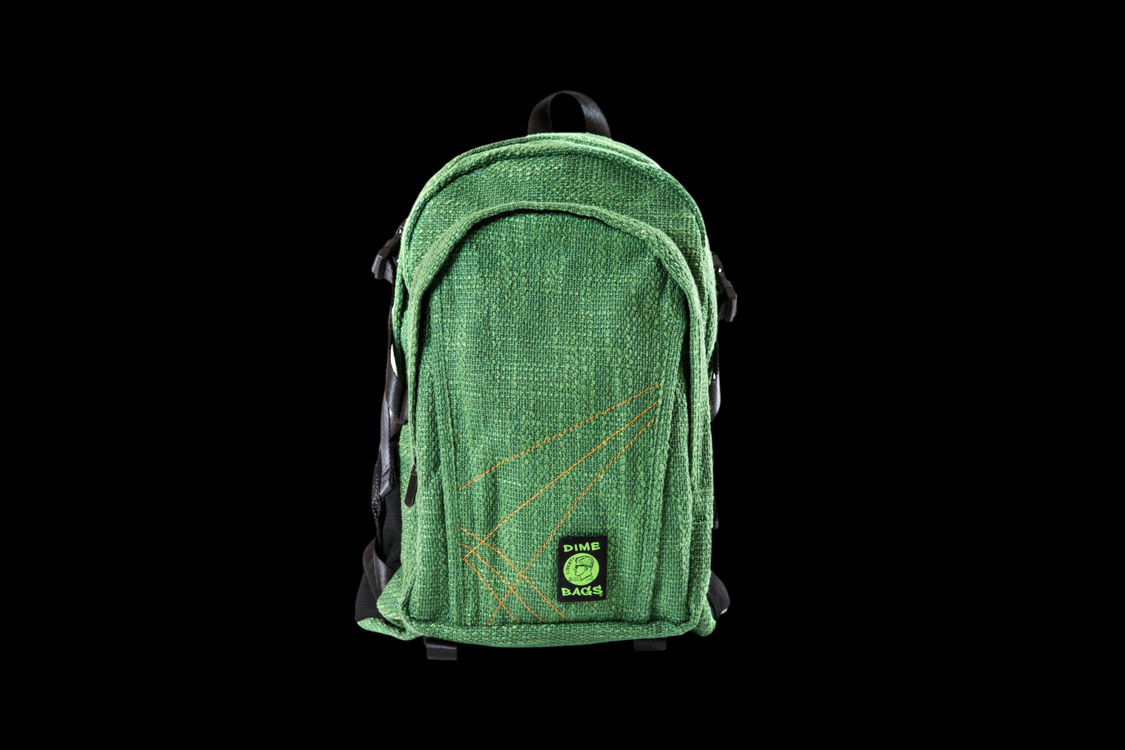 Dime Bags Forest green hemp backpack with black straps and neon logo patch, front view