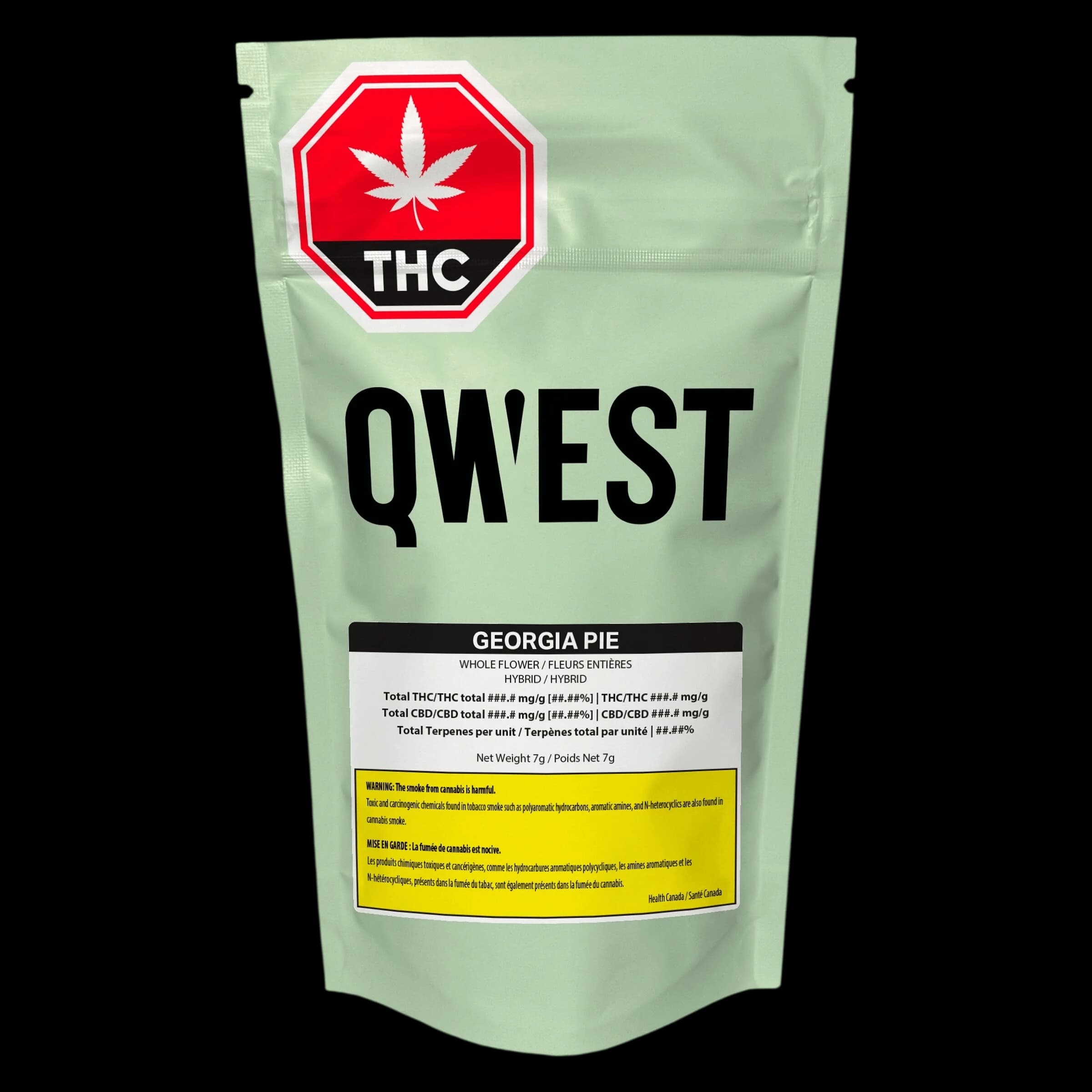 Qwest Georgia Pie 7g cannabis dried flower pouch with red THC warning symbol and yellow Health Canada label