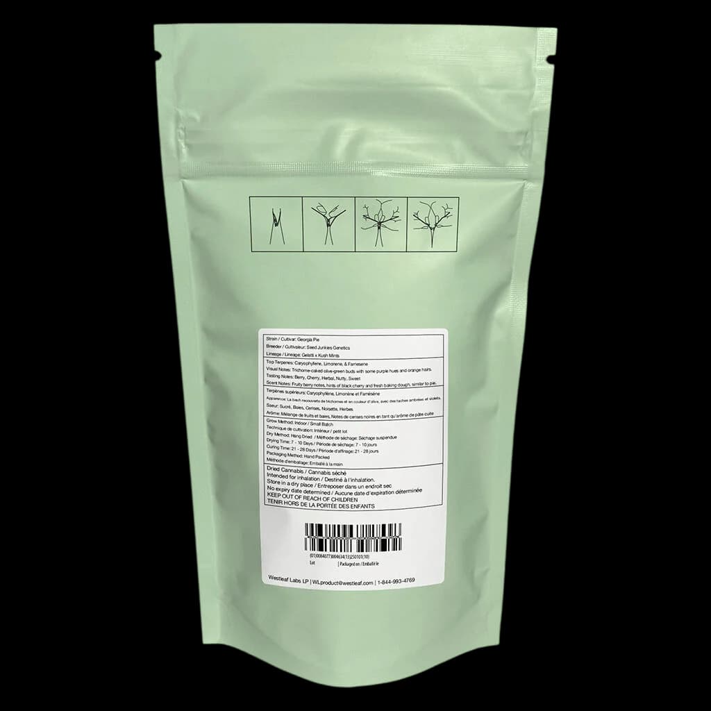 Qwest Georgia Pie 3.5g cannabis dried flower pouch with plant growth stage icons and regulatory label