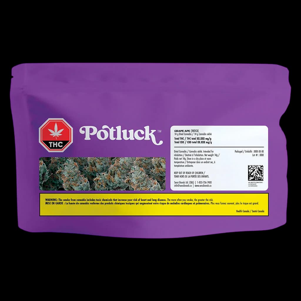 Potluck Grape Ape dried cannabis flower in purple pouch with product image, strain name, and Health Canada warning labels visible