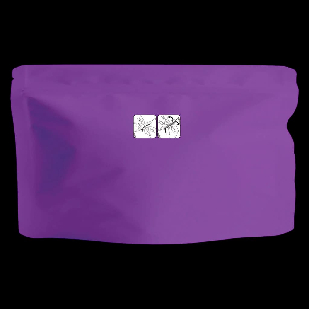 Potluck Grape Ape cannabis dried flower in purple pouch with leaf icons