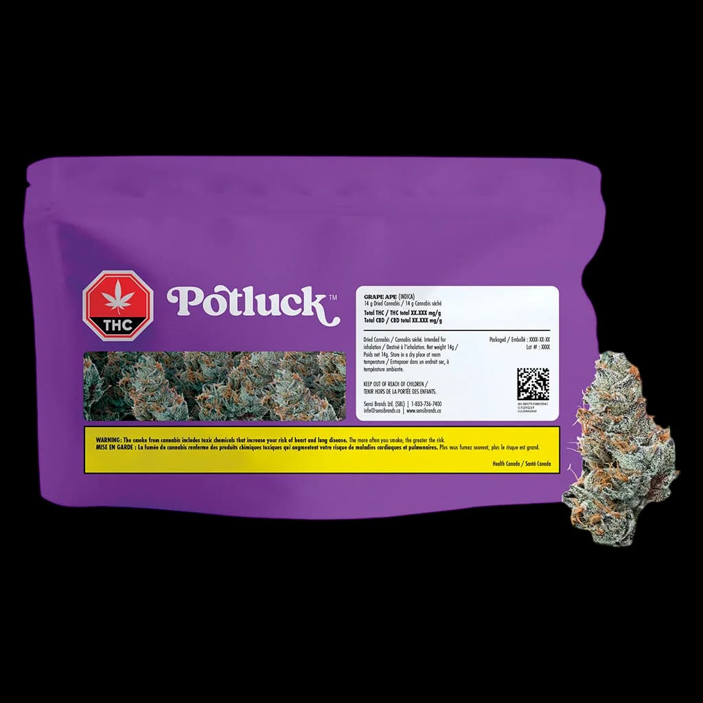 Potluck Grape Ape dried flower cannabis in purple pouch with red THC symbol and yellow Health Canada warning label, displaying loose buds